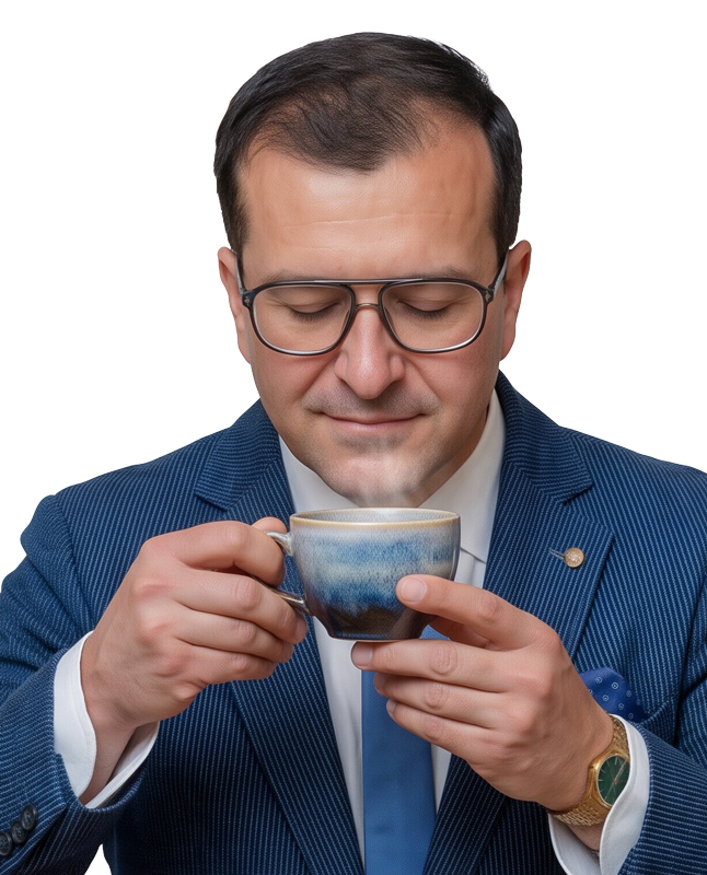 Javier Real bebiendo una taza de cafe