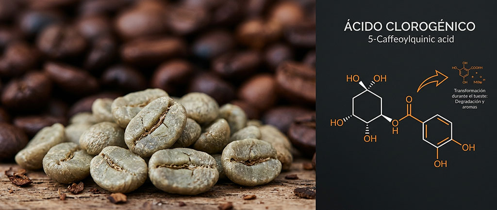 Granos de café verde y tostado representando el ácido clorogénico como compuesto bioactivo — NutriPsicoGen