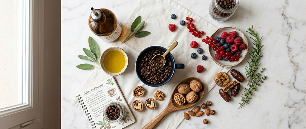 Granos de café y alimentos mediterráneos que representan el café como alimento funcional — NutriPsicoGen