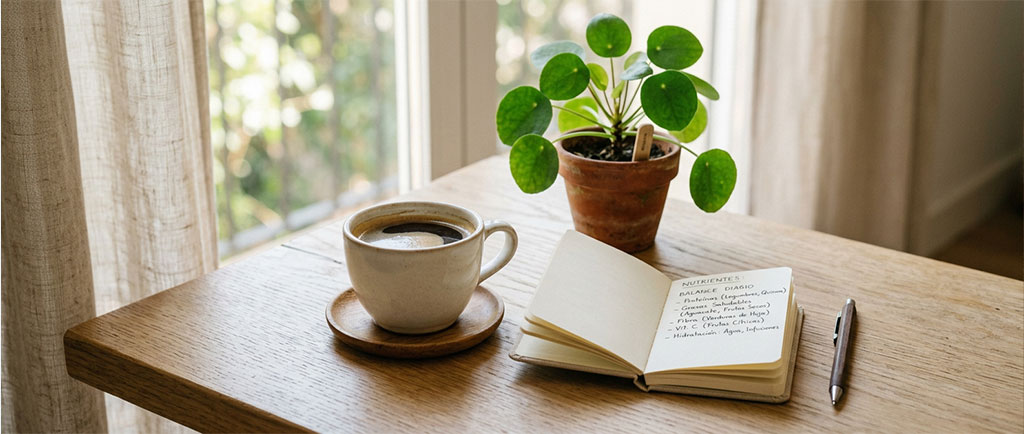 Taza de café junto a notas sobre nutrición y calidad de vida — NutriPsicoGen