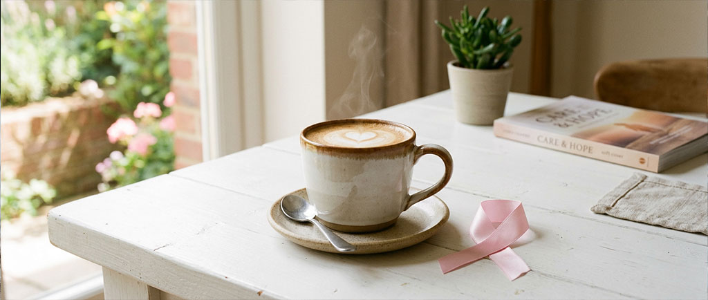 Taza de café con lazo rosa representando la investigación sobre café y prevención del cáncer de mama — NutriPsicoGen