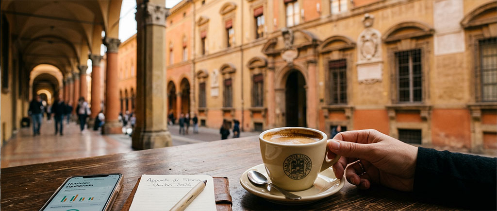 Taza de café con la Universidad de Bolonia al fondo representando el seminario de NutriPsicoGen sobre el café como alimento