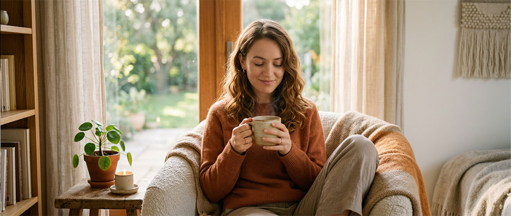 Persona en calma con taza de café representando bienestar emocional y menor riesgo de depresión — NutriPsicoGen