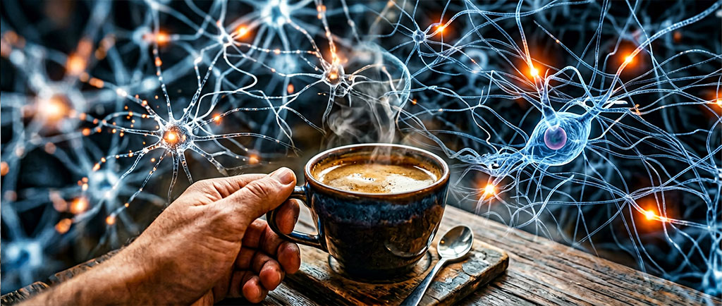 Taza de café con representación neuronal representando el efecto neuroprotector del café frente al Alzheimer y Parkinson — NutriPsicoGen