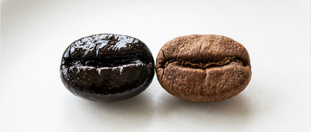 Comparativa visual entre grano de café torrefacto y café natural — NutriPsicoGen