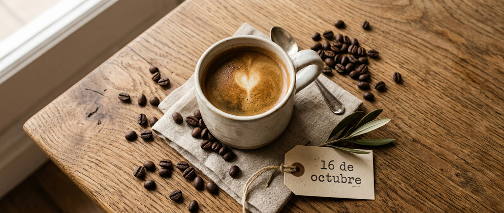 Taza de café y granos sobre madera natural en el Día Internacional de la Alimentación — NutriPsicoGen