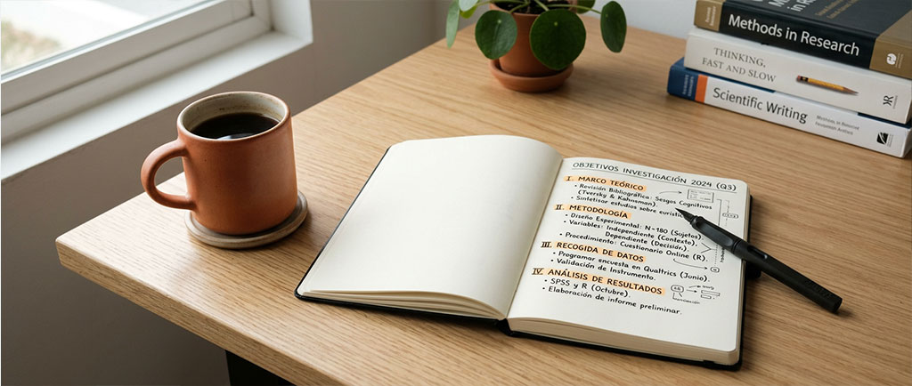 Cuaderno con objetivos de investigación nutricional sobre el café y taza de café — NutriPsicoGen