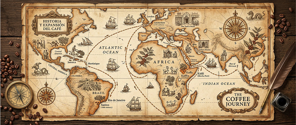 Ruta histórica del café desde Etiopía hasta el mundo — NutriPsicoGen