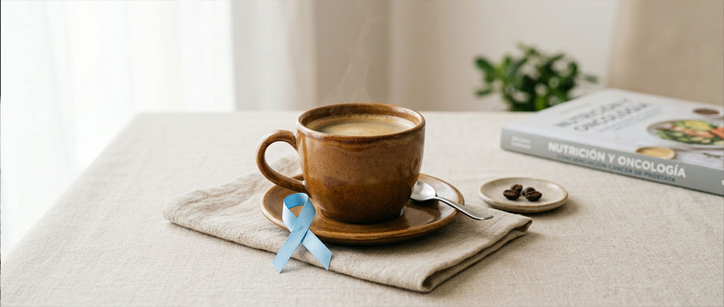 Taza de café con lazo azul representando la investigación sobre café y prevención del cáncer de próstata