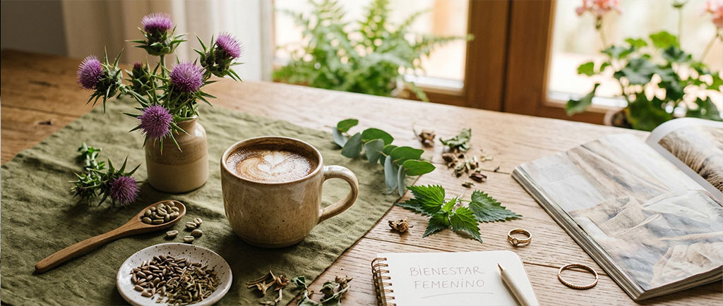 Taza de café y café verde representando la investigación sobre café y síndrome de ovario poliquístico — NutriPsicoGen