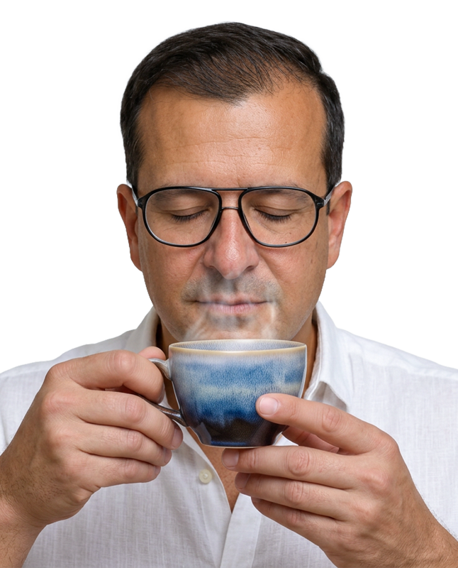 Javier Real bebiendo una taza de cafe