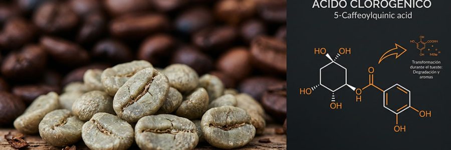 Granos de café verde y tostado representando el ácido clorogénico como compuesto bioactivo — NutriPsicoGen