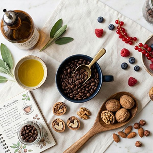 Granos de café y alimentos mediterráneos que representan el café como alimento funcional — NutriPsicoGen