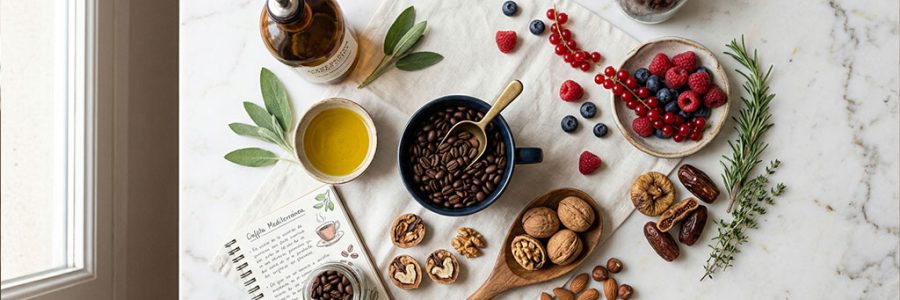 Granos de café y alimentos mediterráneos que representan el café como alimento funcional — NutriPsicoGen