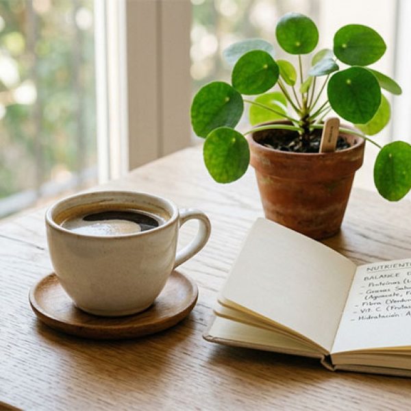Taza de café junto a notas sobre nutrición y calidad de vida — NutriPsicoGen