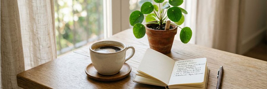 Taza de café junto a notas sobre nutrición y calidad de vida — NutriPsicoGen