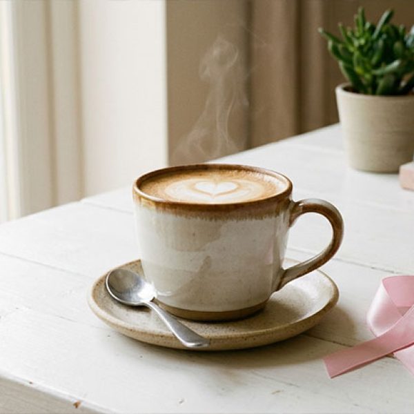 Taza de café con lazo rosa representando la investigación sobre café y prevención del cáncer de mama — NutriPsicoGen