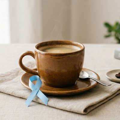 Taza de café con lazo azul representando la investigación sobre café y prevención del cáncer de próstata