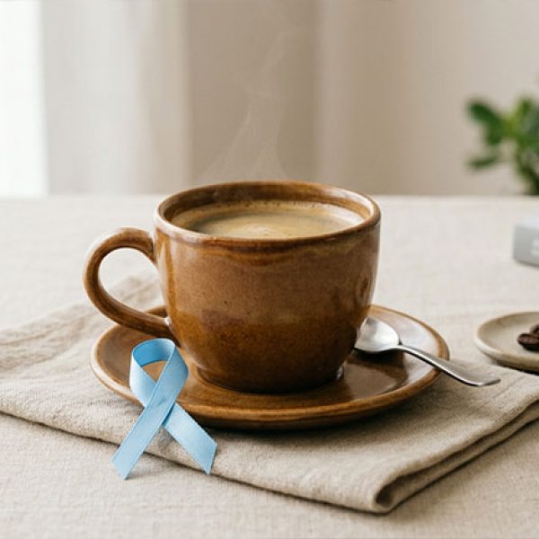 Taza de café con lazo azul representando la investigación sobre café y prevención del cáncer de próstata