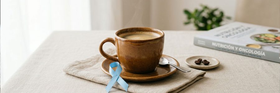 Taza de café con lazo azul representando la investigación sobre café y prevención del cáncer de próstata