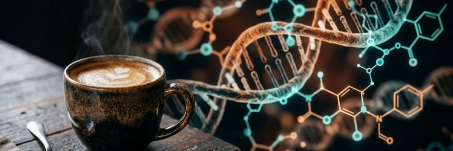 Taza de café con representación de protección celular y ADN — NutriPsicoGen