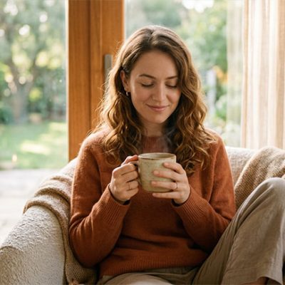 Persona en calma con taza de café representando bienestar emocional y menor riesgo de depresión — NutriPsicoGen