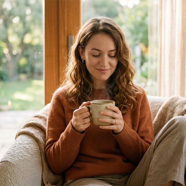 Persona en calma con taza de café representando bienestar emocional y menor riesgo de depresión — NutriPsicoGen
