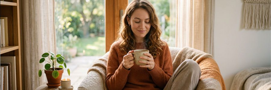 Persona en calma con taza de café representando bienestar emocional y menor riesgo de depresión — NutriPsicoGen