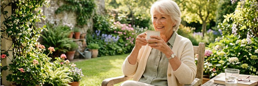 Persona mayor disfrutando de una taza de café relacionada con longevidad y salud — NutriPsicoGen