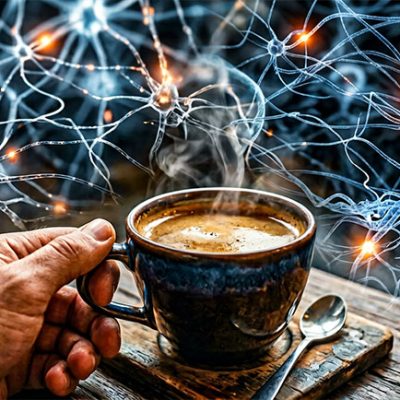 Taza de café con representación neuronal representando el efecto neuroprotector del café frente al Alzheimer y Parkinson — NutriPsicoGen