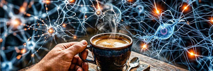Taza de café con representación neuronal representando el efecto neuroprotector del café frente al Alzheimer y Parkinson — NutriPsicoGen