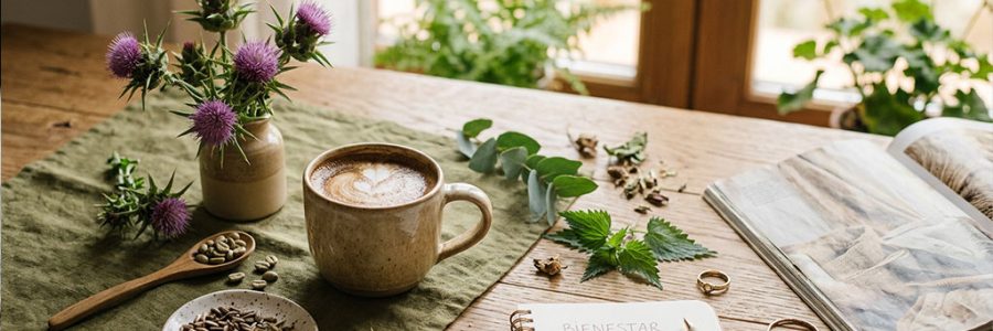 Taza de café y café verde representando la investigación sobre café y síndrome de ovario poliquístico — NutriPsicoGen