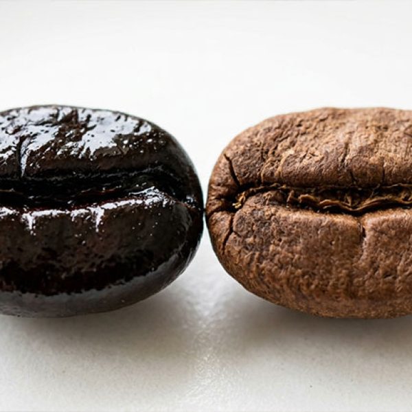 Comparativa visual entre grano de café torrefacto y café natural — NutriPsicoGen