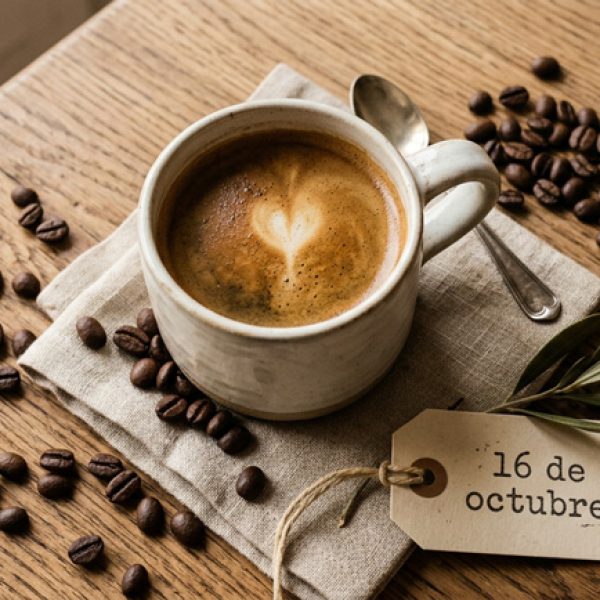 Taza de café y granos sobre madera natural en el Día Internacional de la Alimentación — NutriPsicoGen