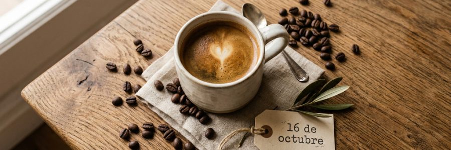 Taza de café y granos sobre madera natural en el Día Internacional de la Alimentación — NutriPsicoGen