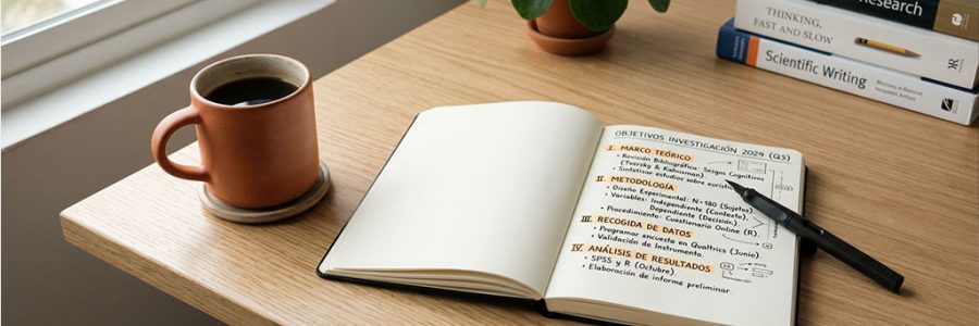 Cuaderno con objetivos de investigación nutricional sobre el café y taza de café — NutriPsicoGen
